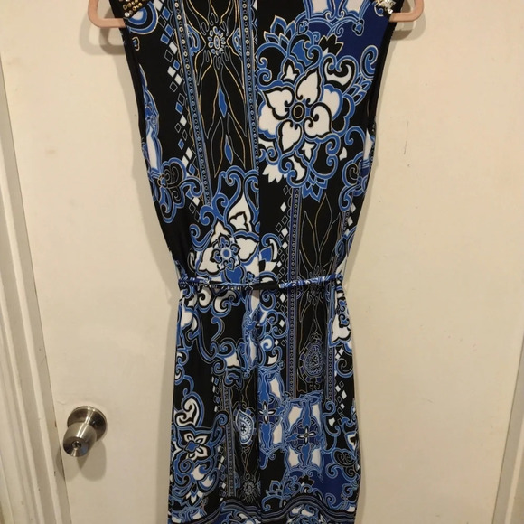 NWT Cache Women's Embellished Blue Geometric Floral Print Stretch Knit Dress S - Picture 7 of 8